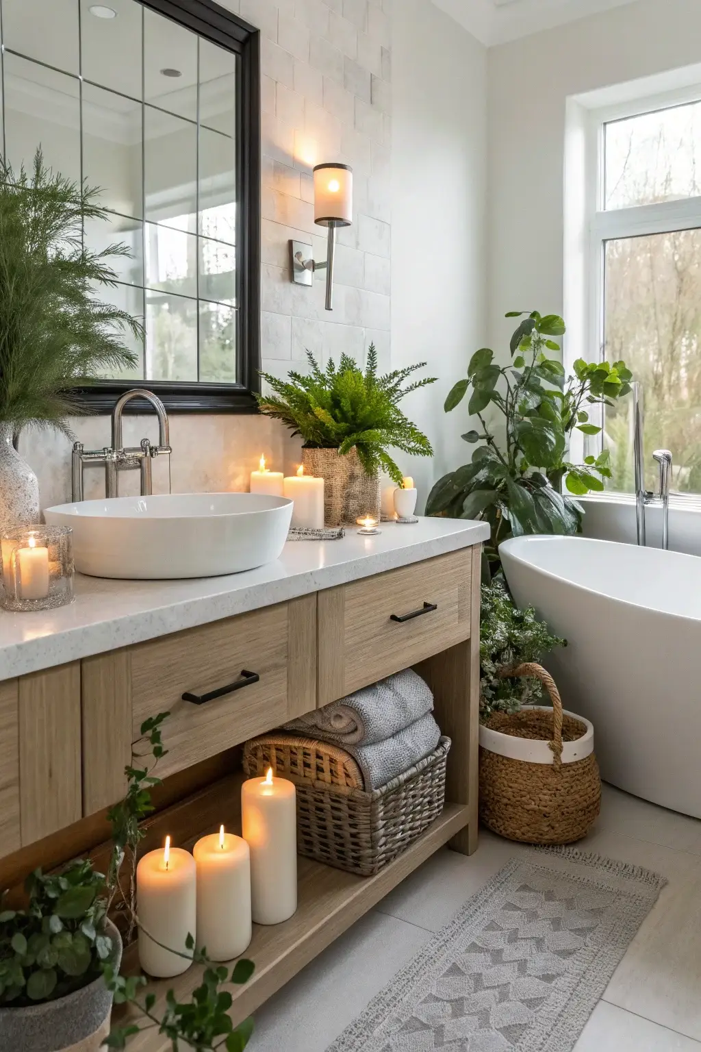 A beautifully styled modern bathroom with a carefully chosen vanity, featuring decorative accents like plants and candles.