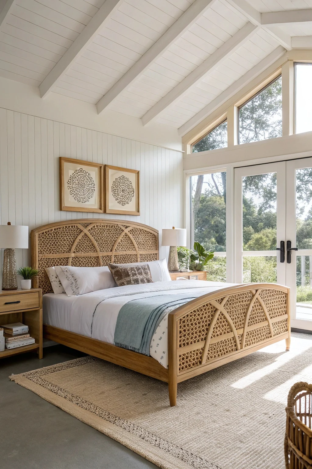 A bright and airy mid-century modern bedroom with a striking bed featuring a woven rattan headboard in a geometric pattern.