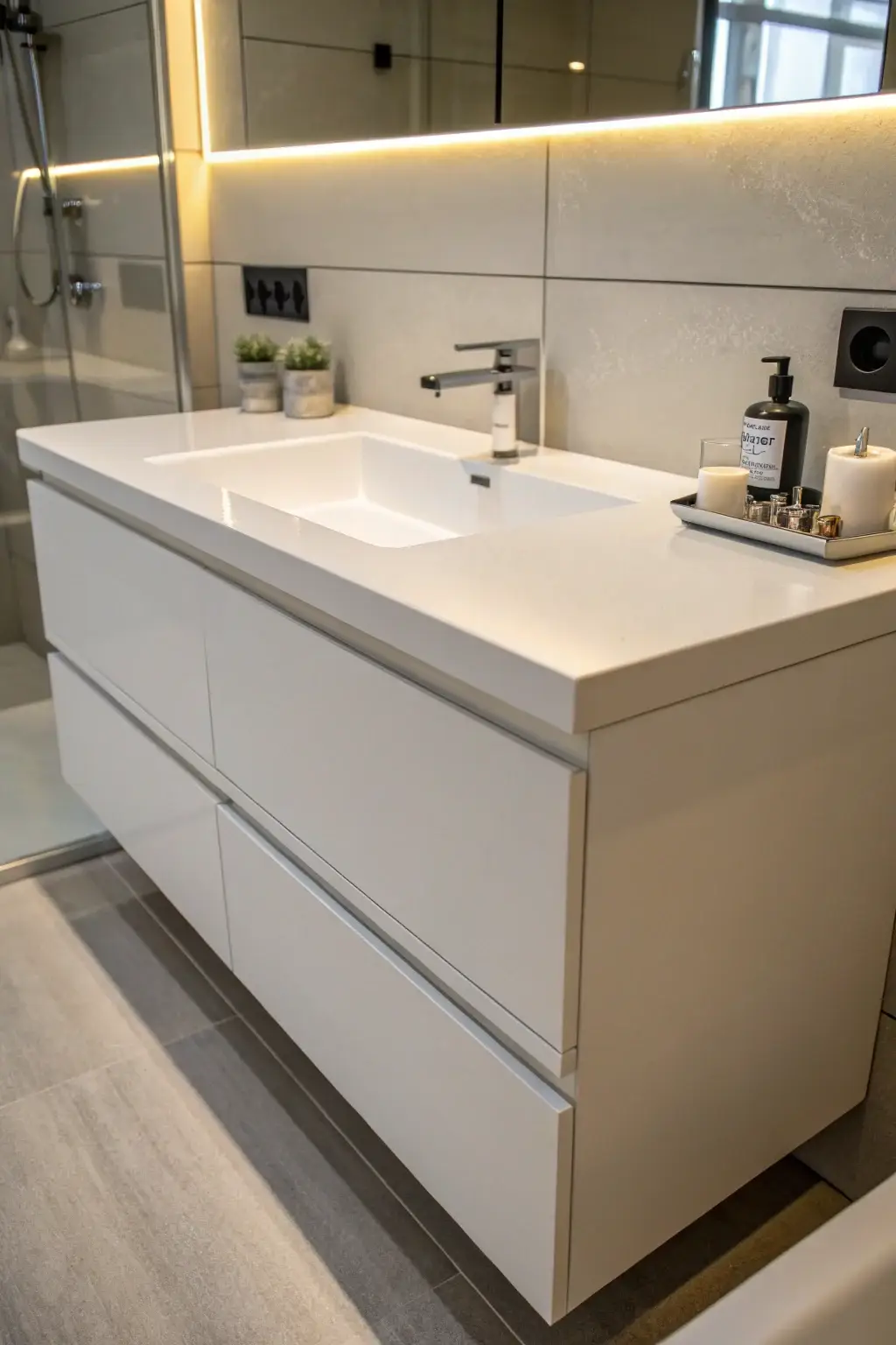 A close-up shot of a modern bathroom vanity showcasing its clean lines, handleless drawers, and a countertop with an integrated sink