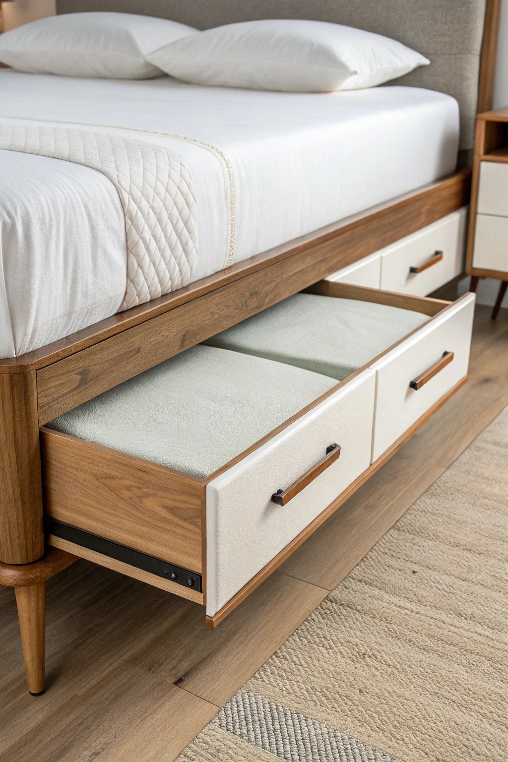 A close-up shot of the foot of a mid-century modern platform bed, revealing smooth, integrated drawers with minimalist handles.