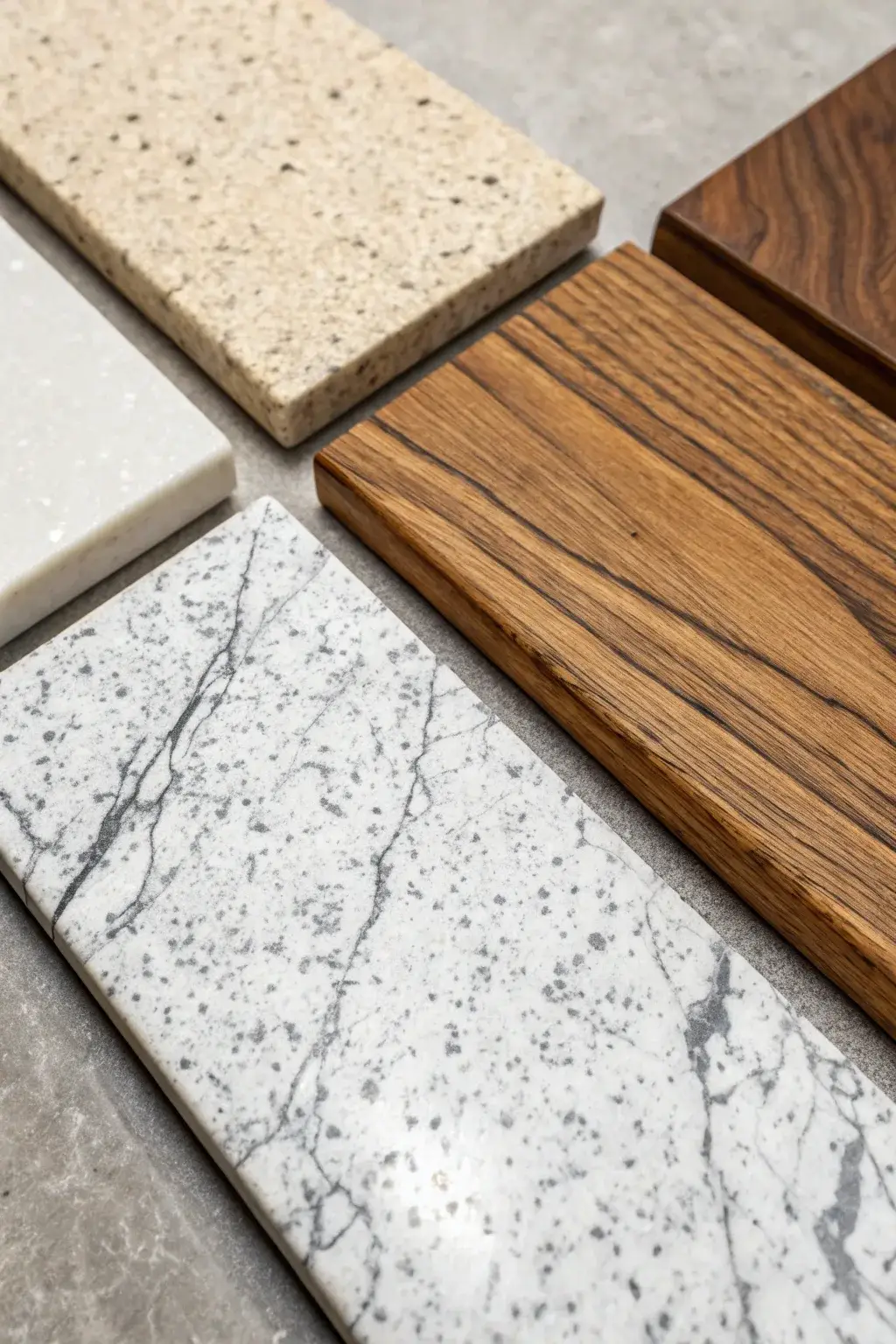 A close-up showcasing different vanity countertop materials like quartz, granite, marble, and wood, highlighting their textures and finishes.