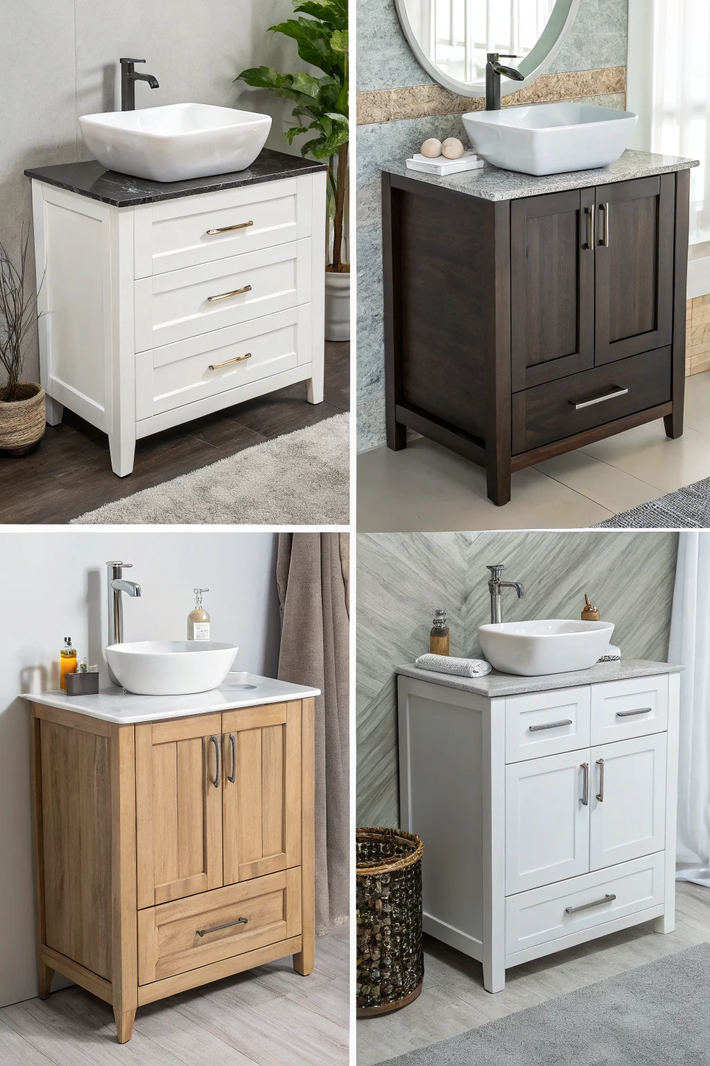 A collage showcasing different styles of modern bathroom vanities floating, freestanding, vessel sink, and integrated sink