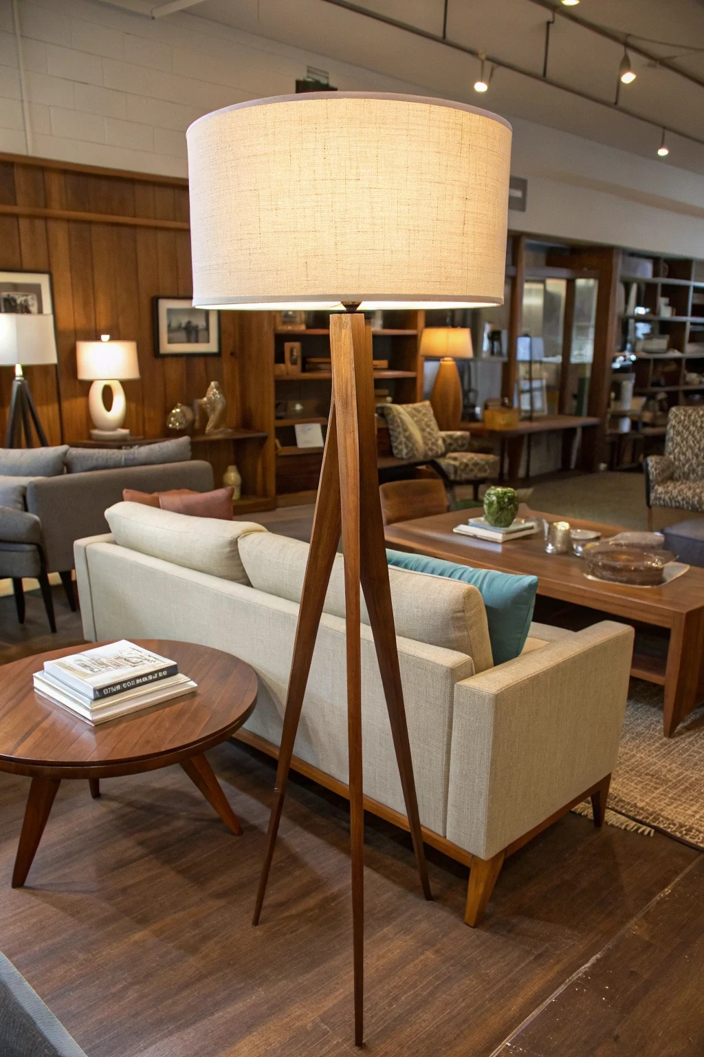 A floor lamp with a solid walnut tripod base and a linen drum shade.
