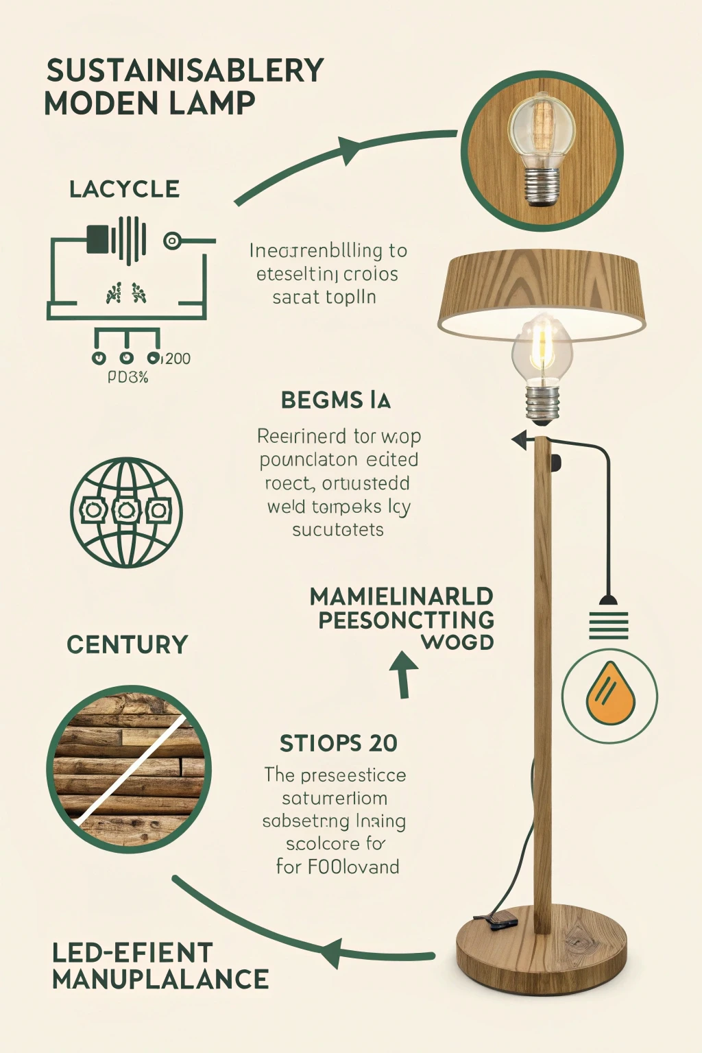 A graphic illustrating the lifecycle of a sustainable mid-century modern lamp, from responsibly sourced materials to energy-efficient use.