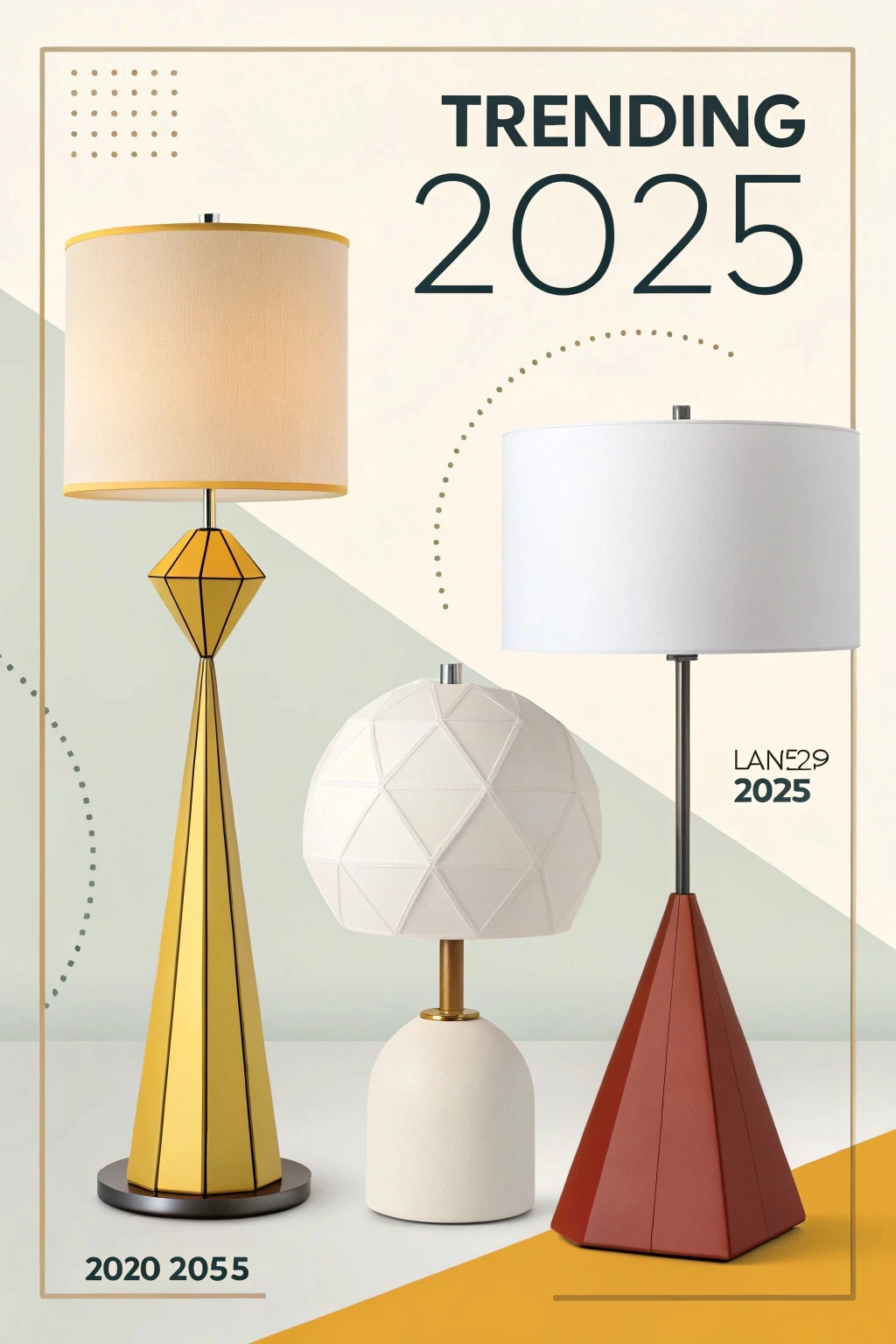 A graphic showcasing various geometric lamp shapes popular in 2025, including rounded cones and elongated spheres.