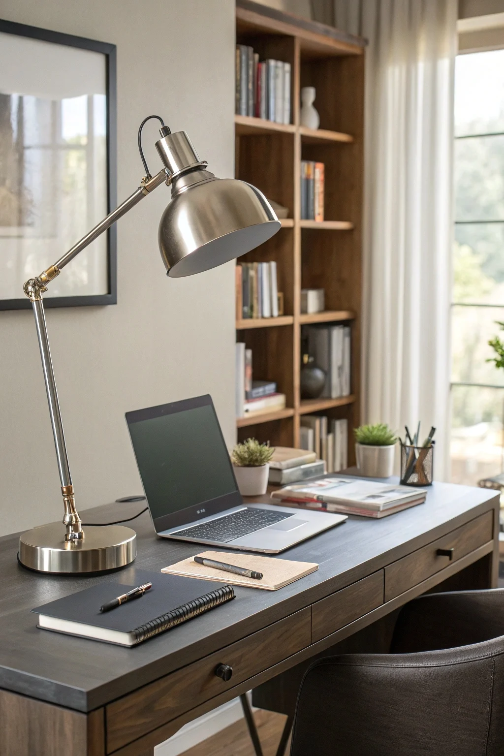 A mid-century modern desk lamp with a subtly integrated USB charging port in the base.