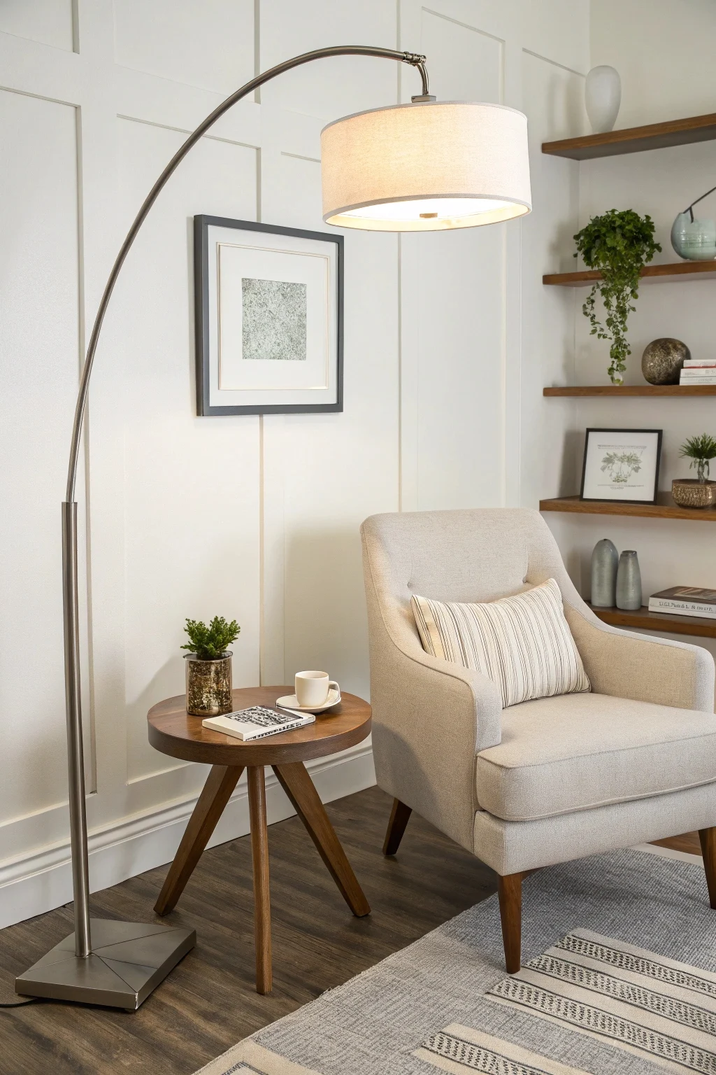 A minimalist floor lamp with a thin, arched metal arm extending over a seating area.