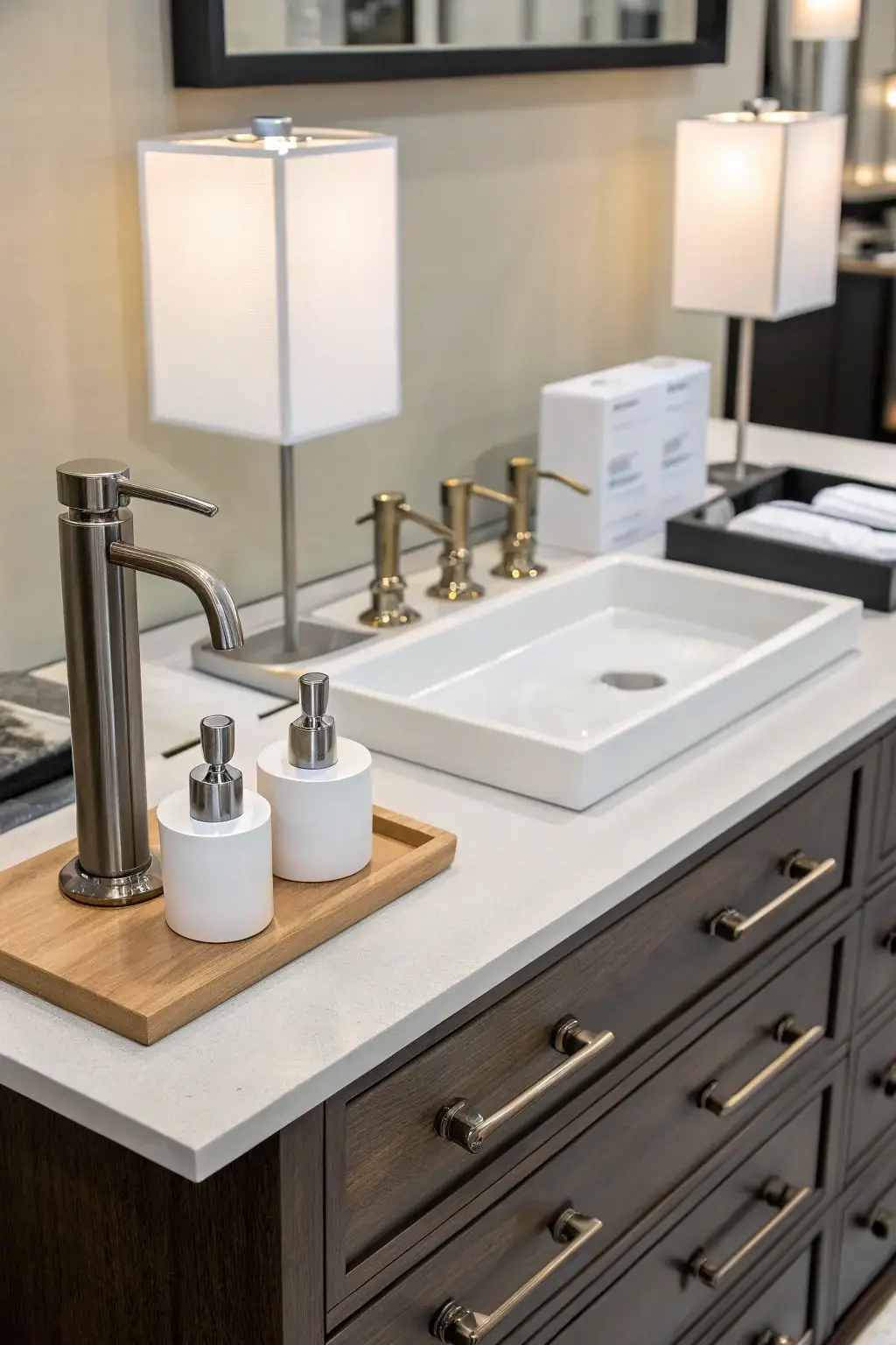A selection of modern bathroom hardware and fixtures, including sleek faucets, minimalist drawer pulls, and contemporary lighting.
