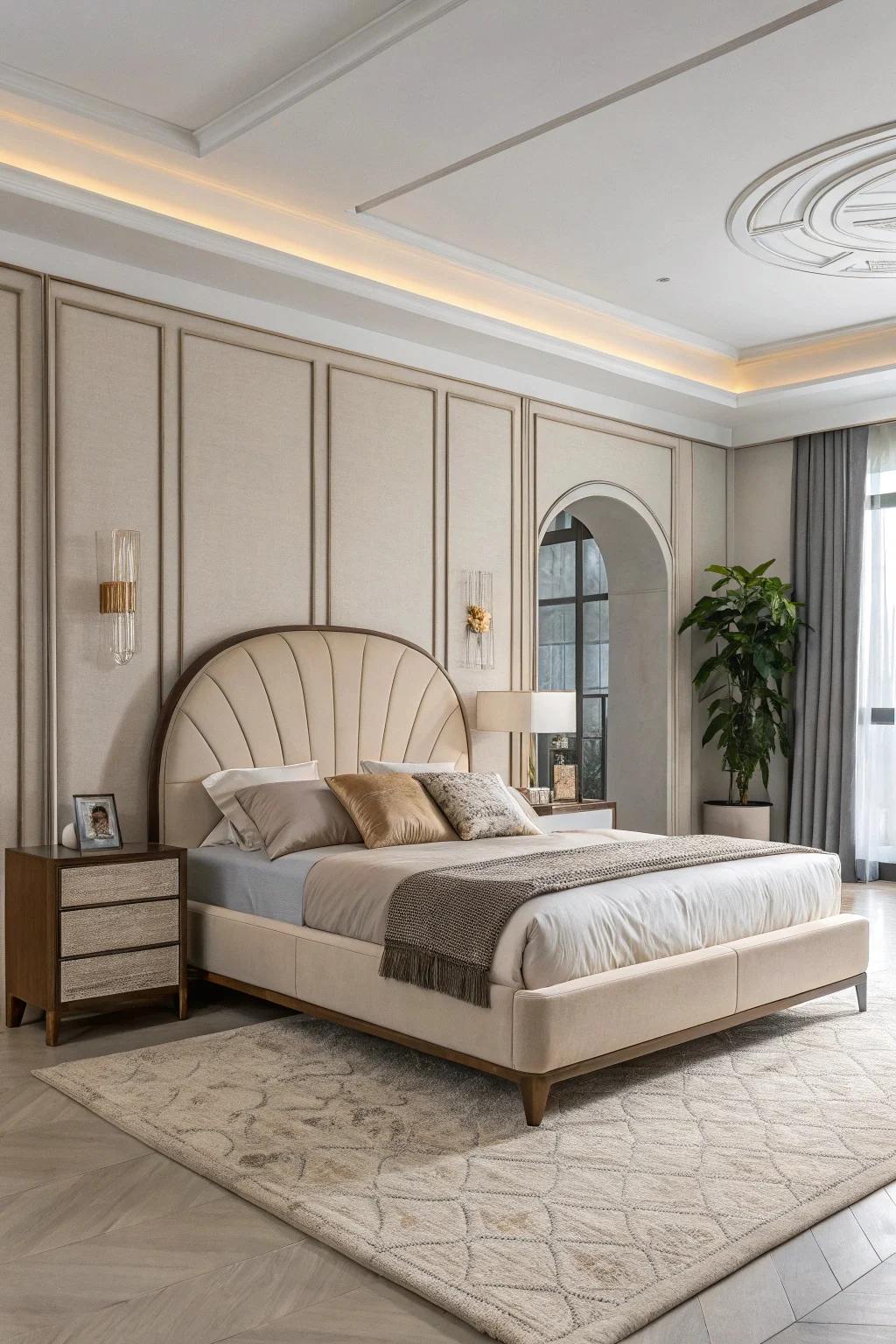 A stylish mid-century modern bedroom showcasing a bed with a low-profile frame and a gently curved, light beige upholstered headboard.