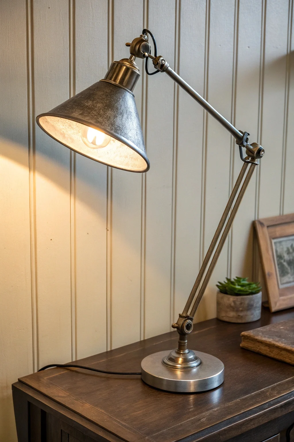 A table lamp with an off-center arm supporting an adjustable shade.