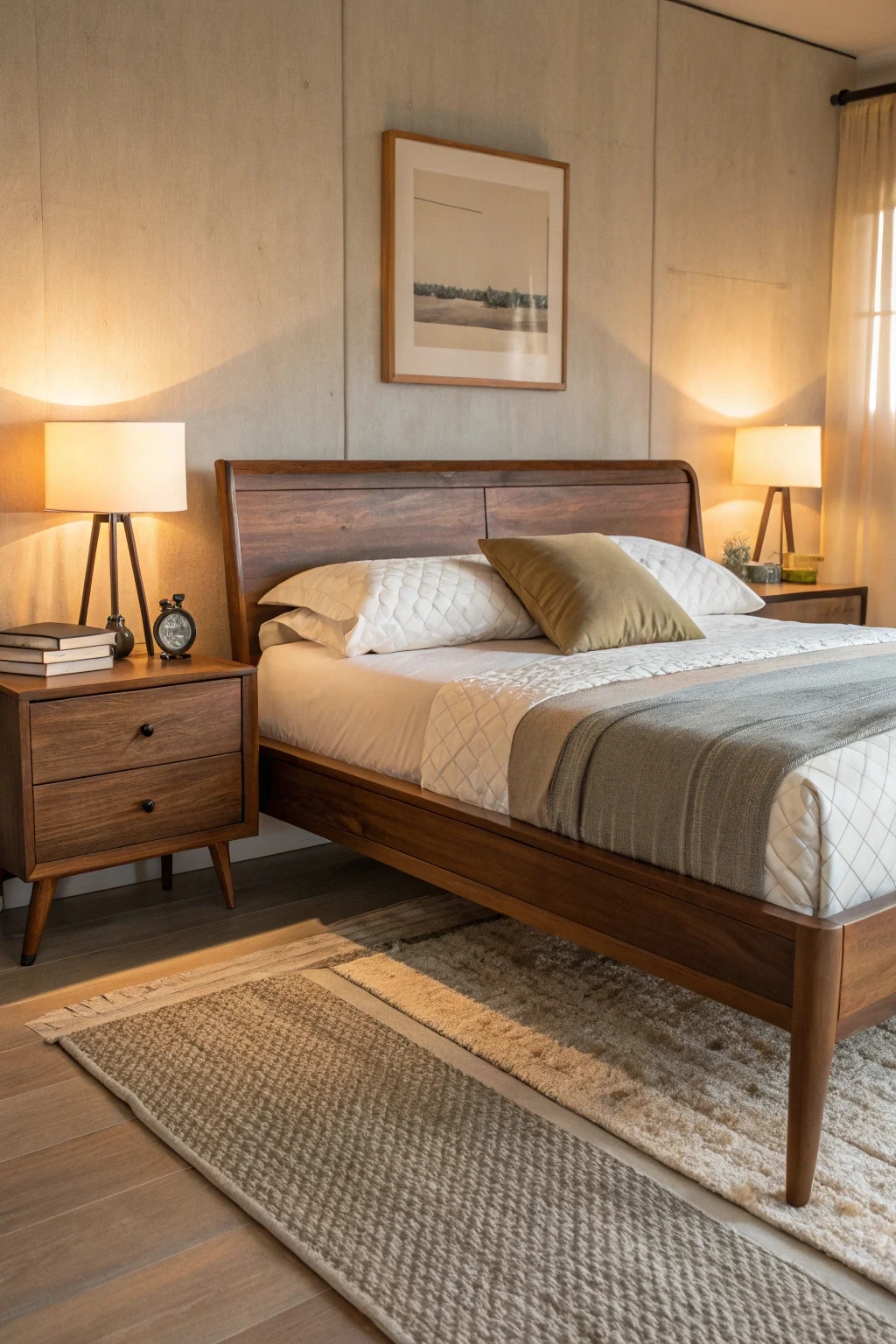 A warmly lit bedroom featuring a mid-century modern platform bed with a rich walnut wood frame. The headboard is low and rectangular. A matching nightstand with tapered legs stands beside it, displaying a small lamp and a book.