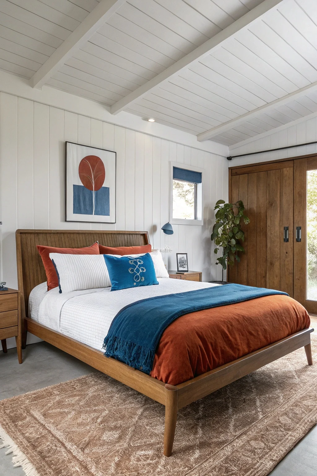 A well-designed mid-century modern bedroom featuring a wooden bed with crisp white linens accented by a terracotta duvet cover and a vibrant sapphire blue velvet pillow.