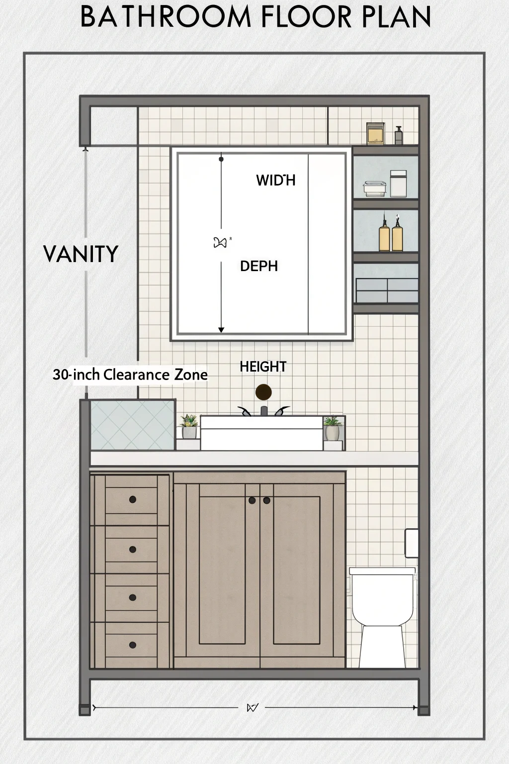 Diagram of a bathroom floor plan showing measurements for vanity dimensions and clearance zones around the vanity and toilet.