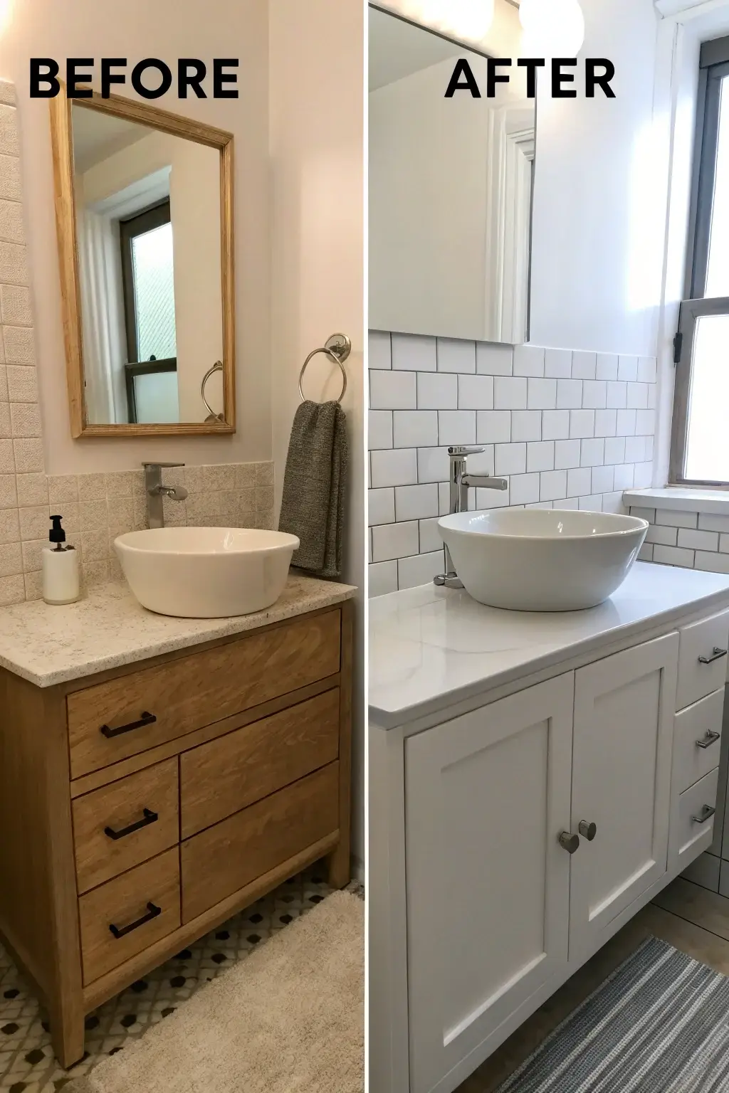 Before and after photos of a small city apartment bathroom renovation. The 'before' photo shows an outdated vanity, while the 'after' photo showcases a sleek, wall-mounted modern bathroom vanity with a vessel sink, creating a more open and stylish space.