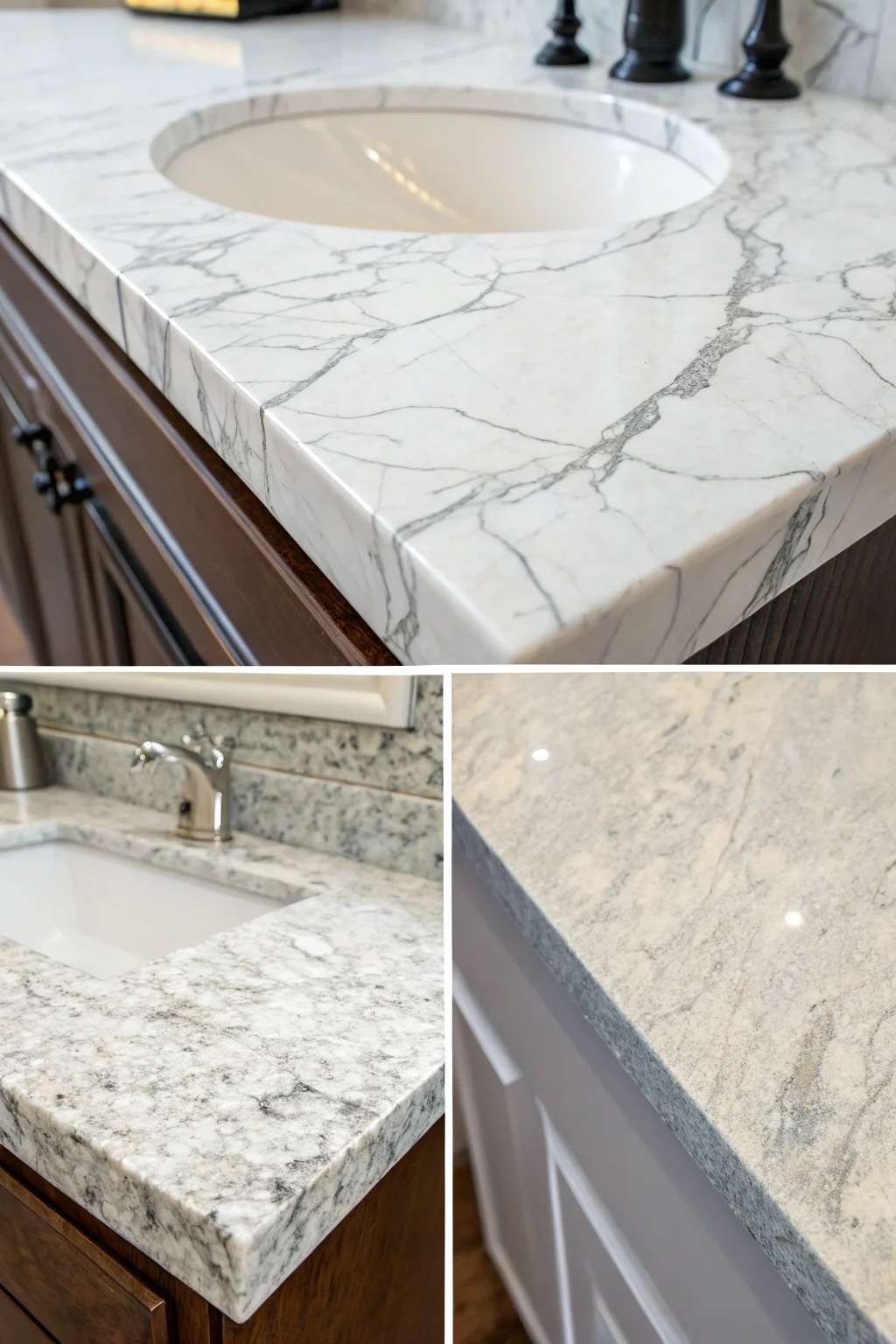 Close-up shots of various vanity countertop materials: quartz with a marble pattern, granite with visible veins, and polished marble.