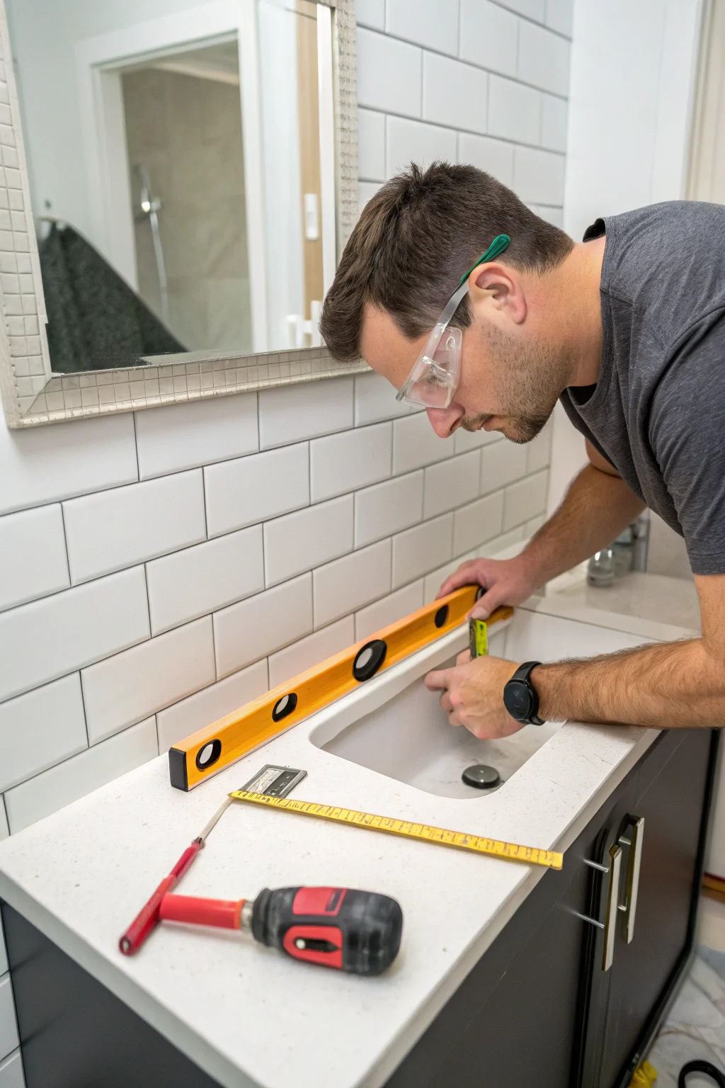 Homeowner wearing safety glasses installing a modern bathroom vanity using a level and basic tools.