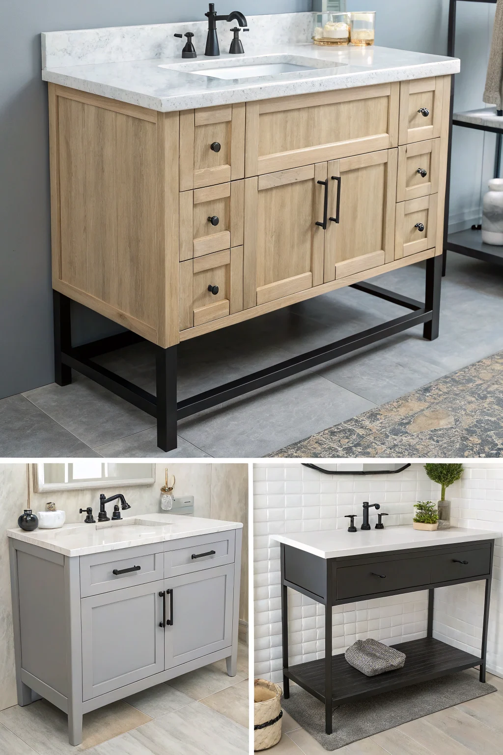 Collage of three different modern bathroom vanities—a light wood floating vanity, grey shaker cabinet vanity, and marble-top console vanity—on a blurred bathroom background.