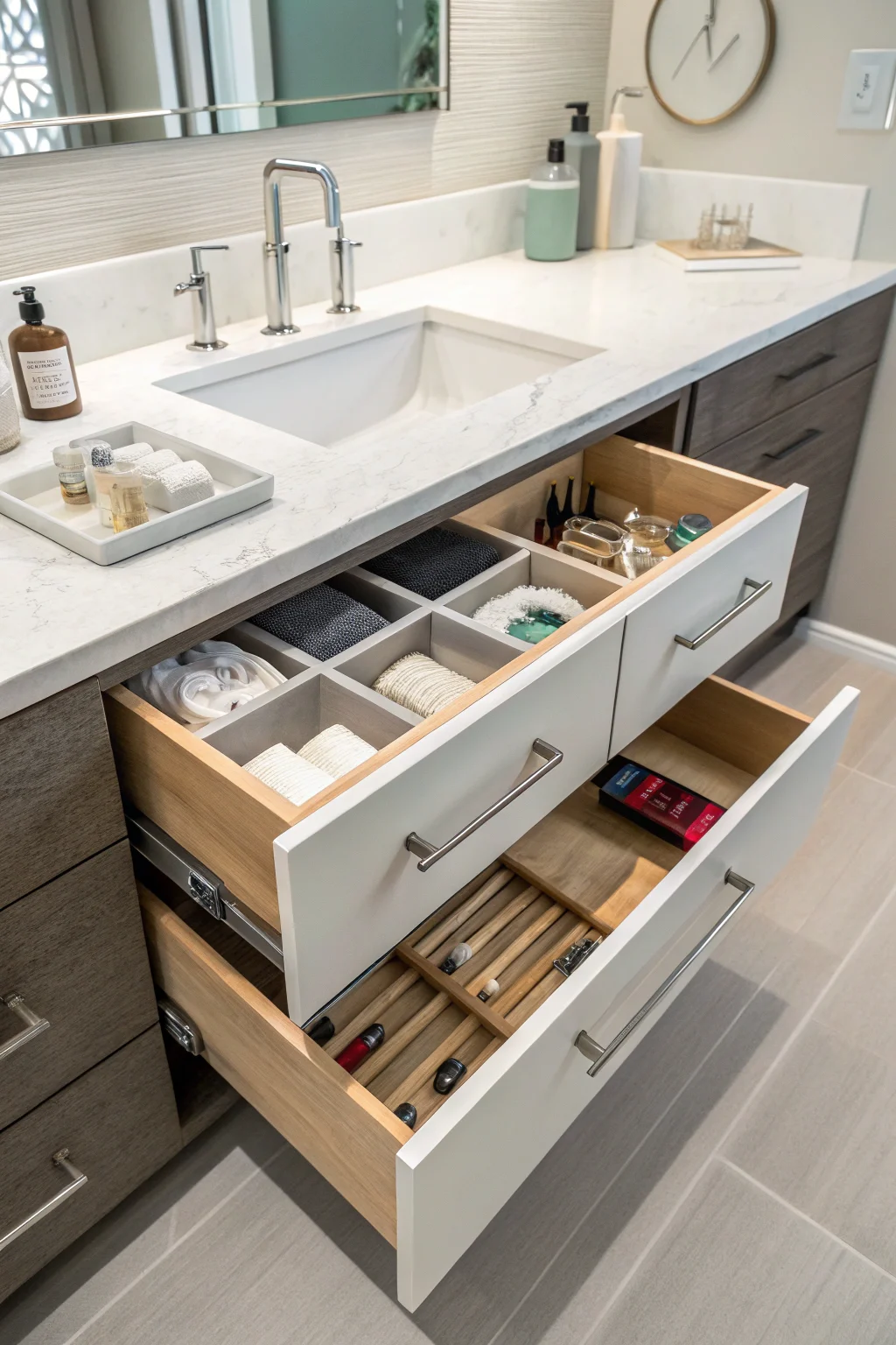 Interior view of an organized modern bathroom vanity with pull-out organizers, drawer dividers, and a tip-out tray under the sink.