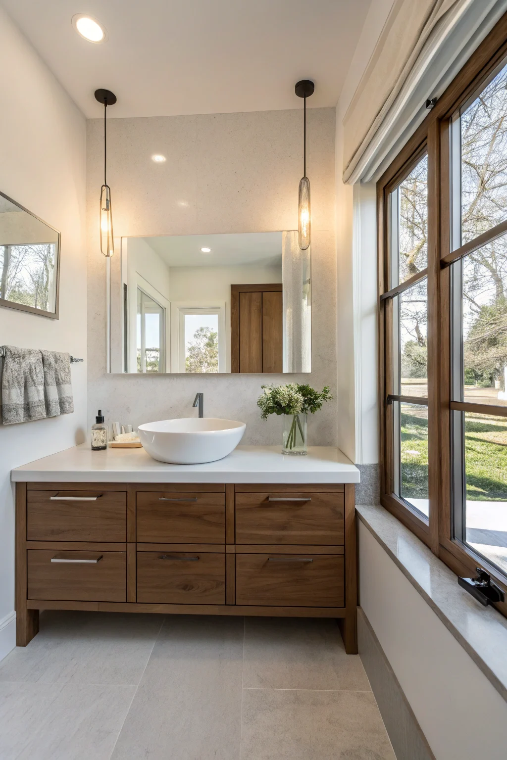 Wide shot of a beautifully renovated modern bathroom featuring a sleek floating vanity with a vessel sink, modern faucet, and soft natural lighting.