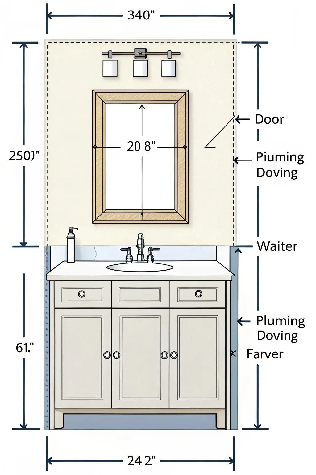 A diagram illustrating how to measure a bathroom space for a vanity, including considerations for plumbing and door swing.
