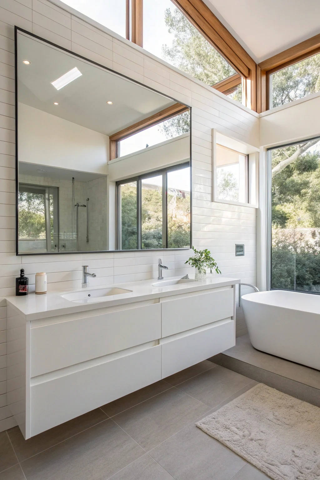bright and airy modern bathroom with a large frameless rectangular mirror above a white floating vanity.