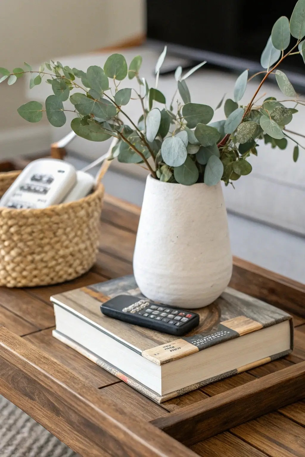 Chic modern farmhouse coffee table arrangement with reclaimed wood, eucalyptus, books, and a woven basket.
