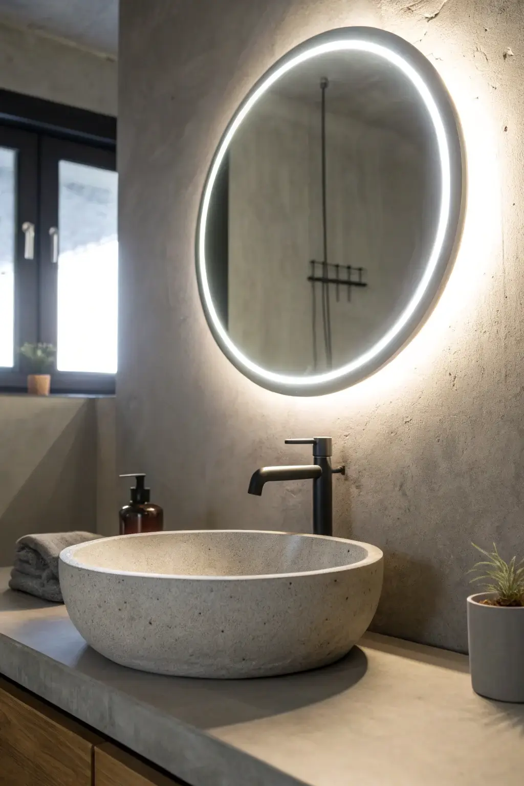 close-up of a sleek, round illuminated LED bathroom mirror mounted above a minimalist concrete sink.