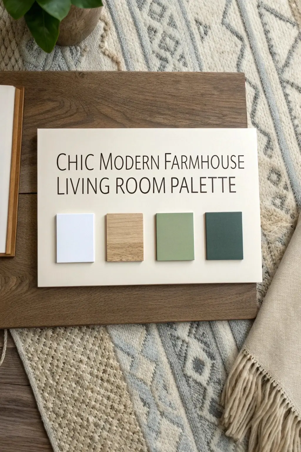 Chic modern farmhouse living room color palette mood board with white, oak, cream, sage green, black, and jute swatches.