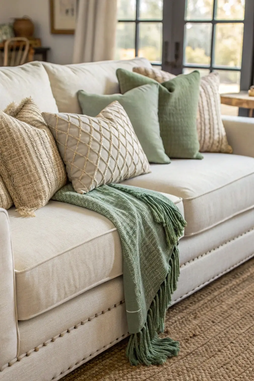 Close-up of a comfortable cream linen modern farmhouse sofa with textured pillows and a woven throw.