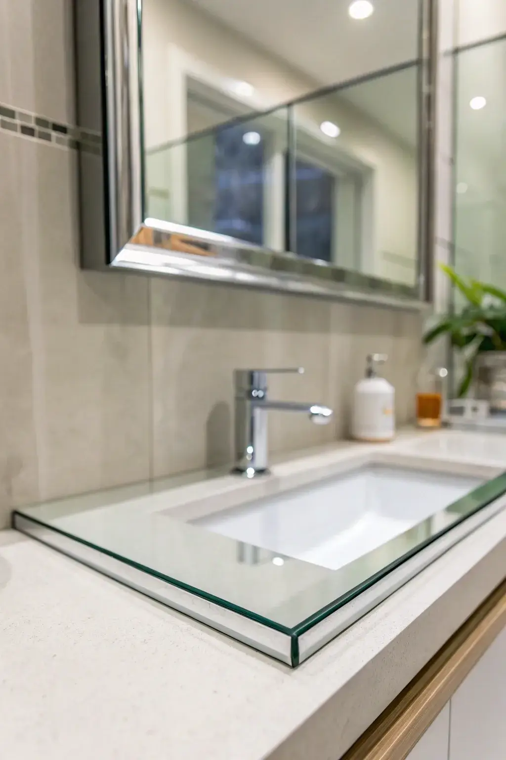 detail shot of the polished edge of a frameless modern bathroom mirror.
