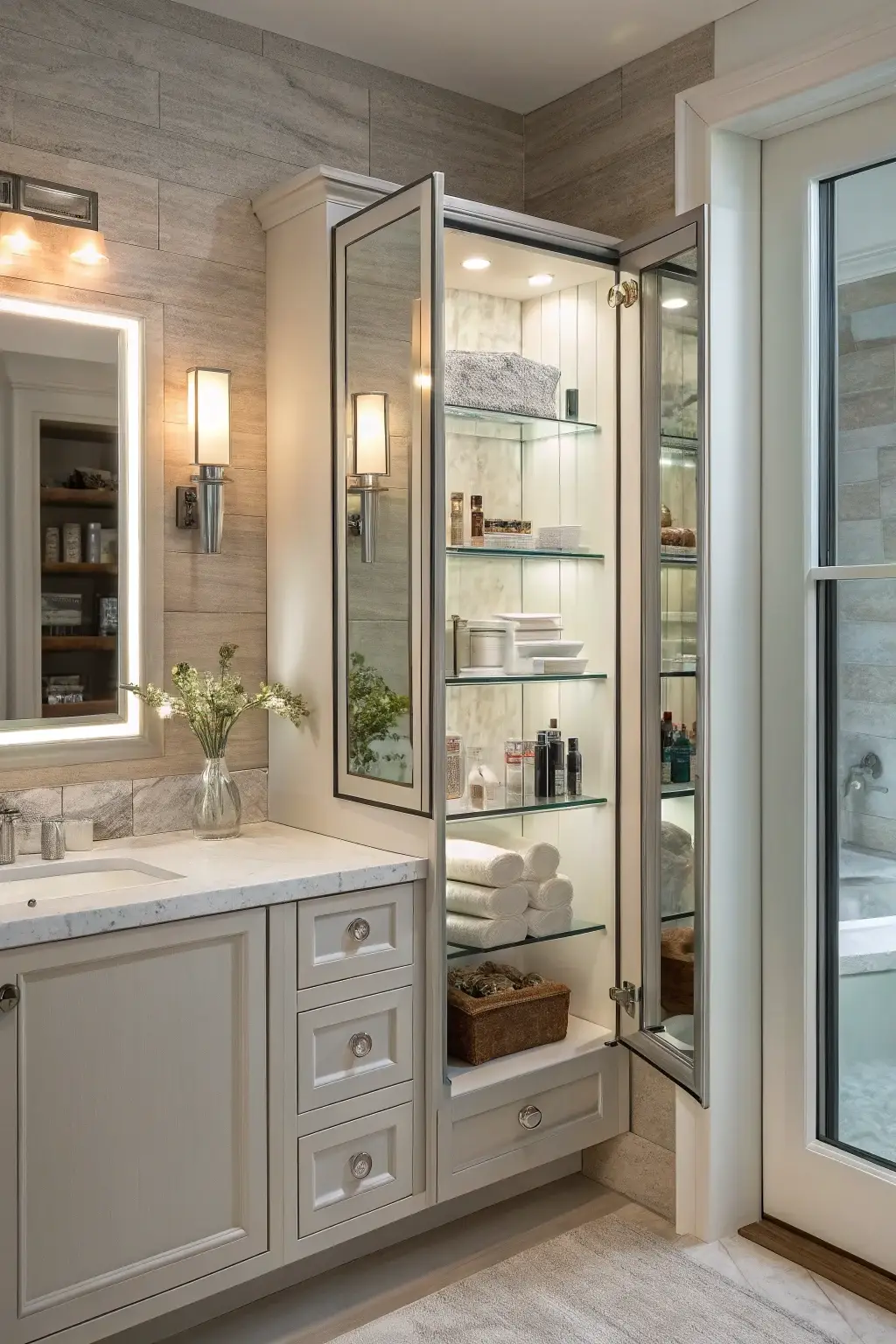 example of a modern medicine cabinet with a mirrored door, showcasing its hidden storage.