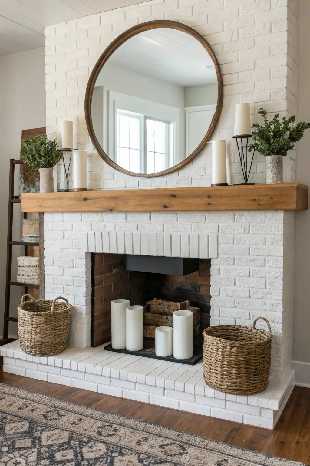 Modern farmhouse fireplace with white brick, a wooden mantel, round mirror, pillar candles, and woven baskets.