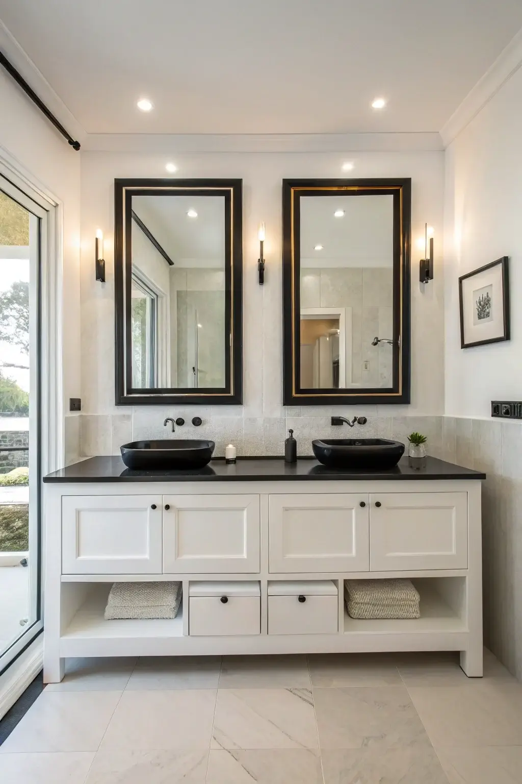modern bathroom featuring two separate framed rectangular mirrors above a double vanity with black countertops.