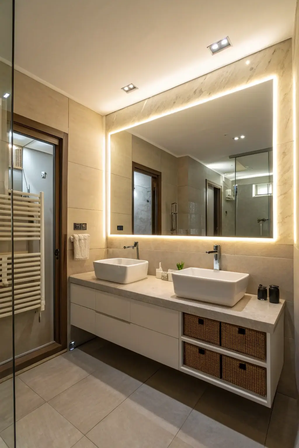 modern bathroom with a backlit LED mirror casting a soft and ambient glow on the surrounding wall.