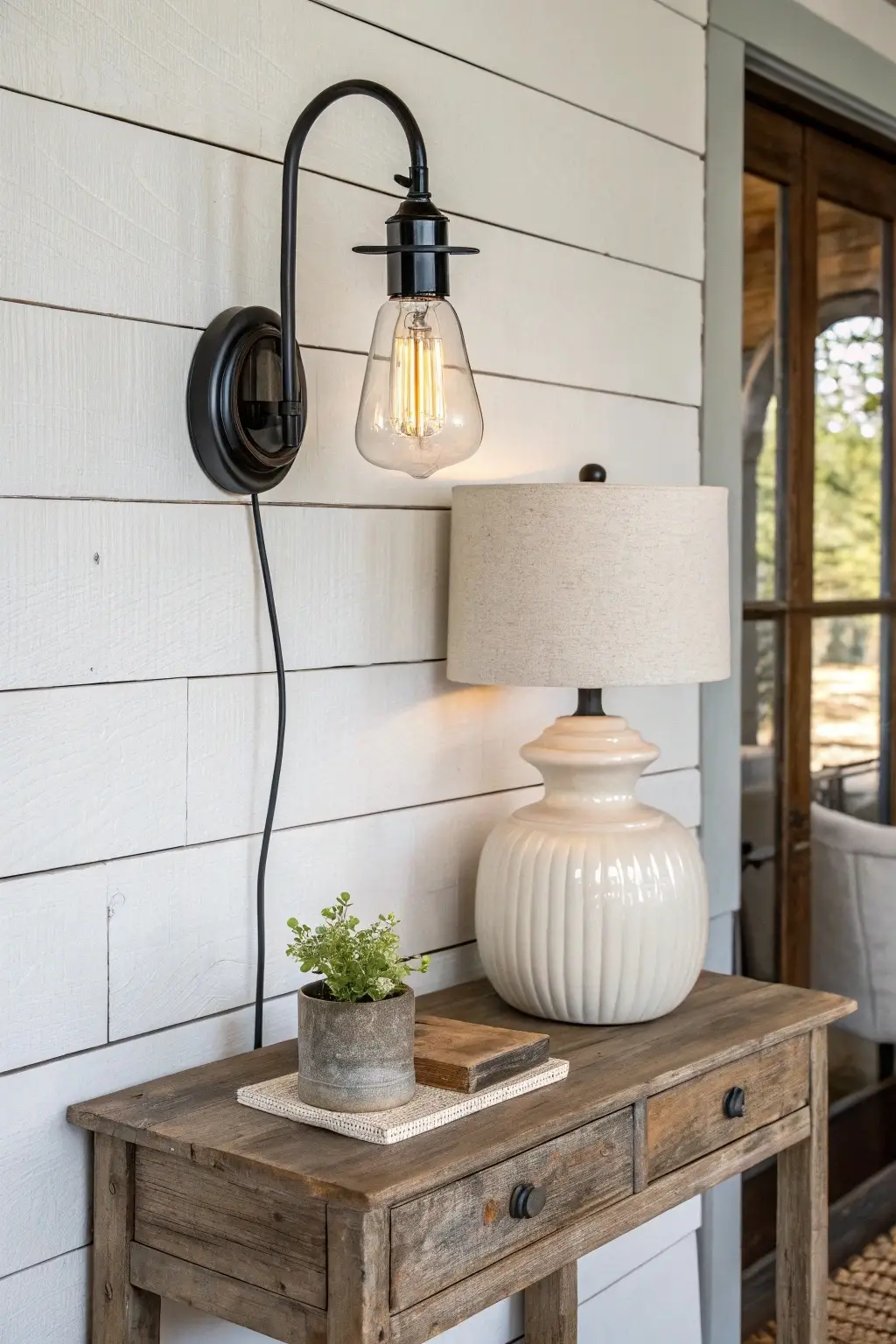 Modern farmhouse layered lighting with a black iron wall sconce, Edison bulb, and a cream ceramic table lamp on a vintage side table.