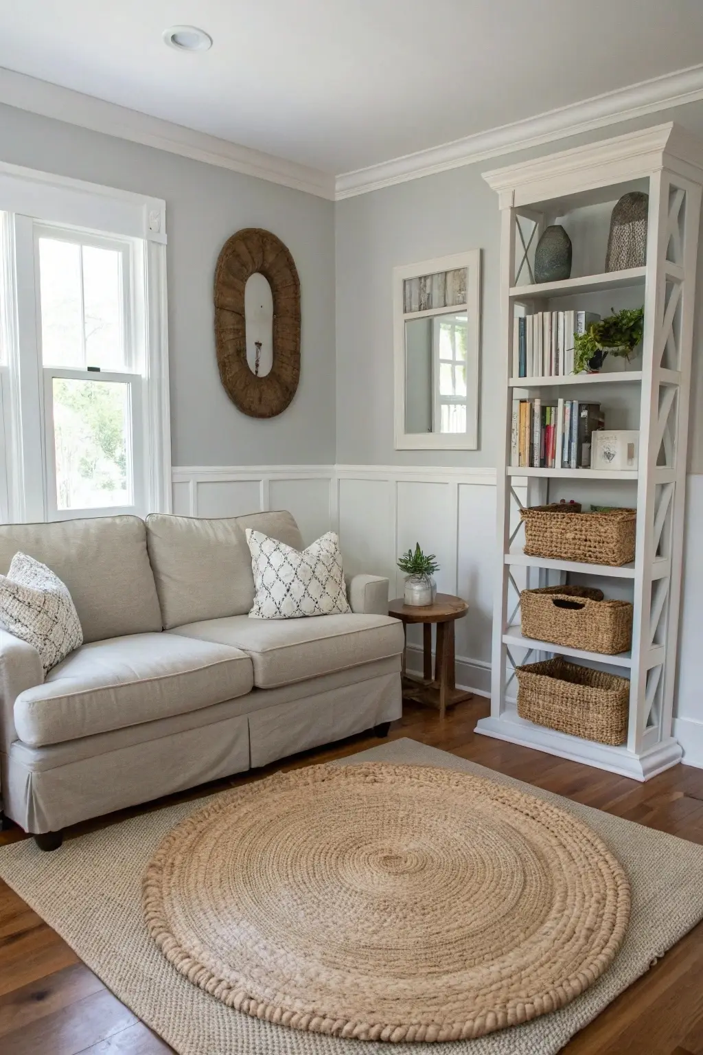 Small modern farmhouse living room with light grey walls, loveseat, jute rug, nesting tables, and space-saving bookshelf.