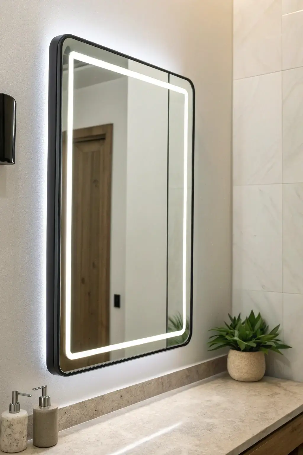 stylish smart bathroom mirror displaying weather information and news headlines on its surface.
