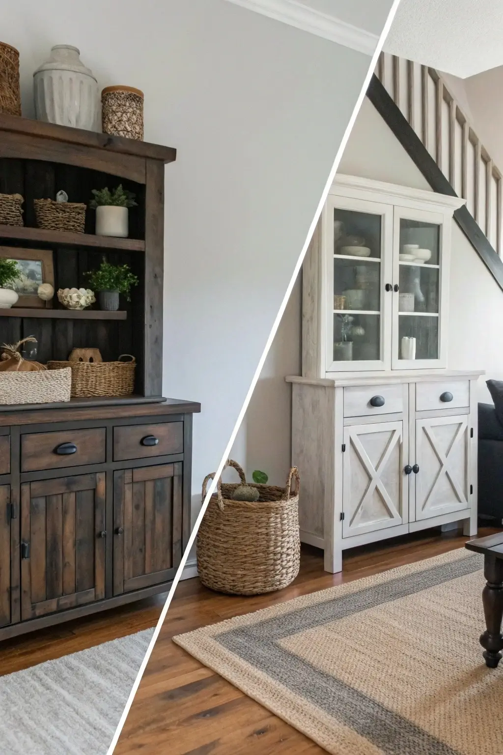 Contrast image showing the difference between a "too rustic" farmhouse living room and a "chic modern farmhouse" living room.