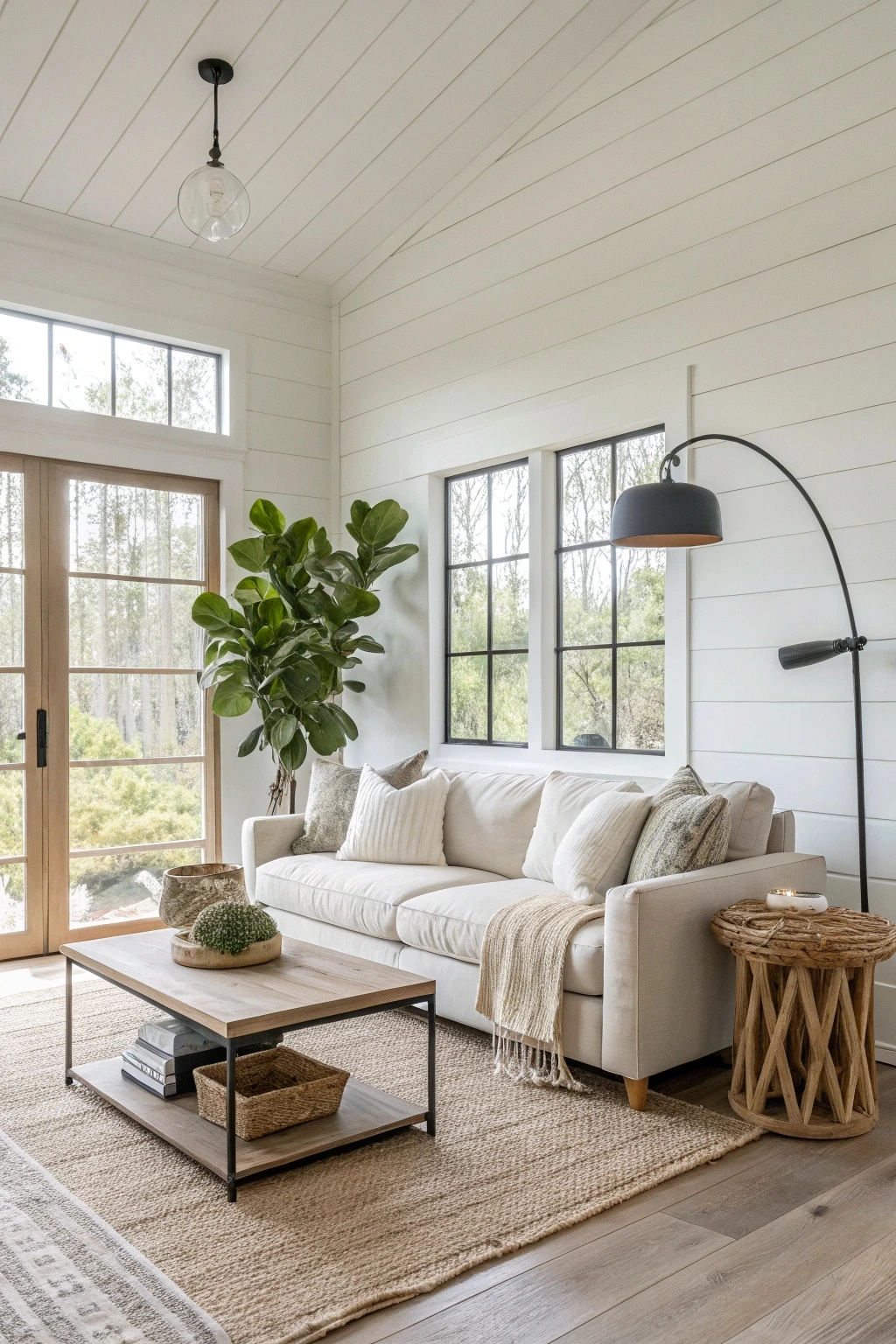 Bright and airy modern farmhouse living room with white shiplap, neutral sofa, oak coffee table, and jute rug.