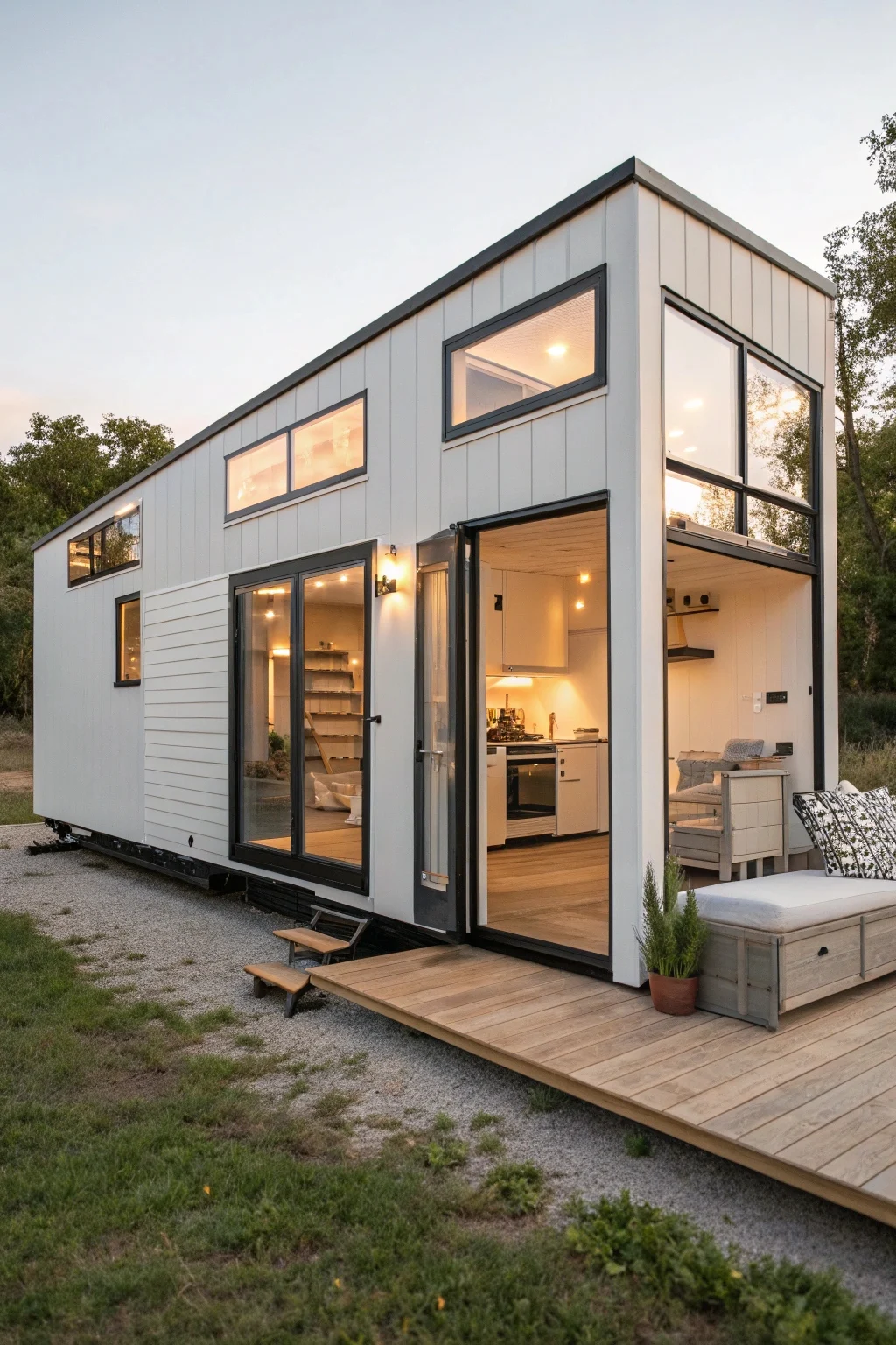 "A sleek modern tiny house with two compact bedrooms, large windows, clean lines, and a neutral color palette, featuring an open-concept living area and smart storage solutions."