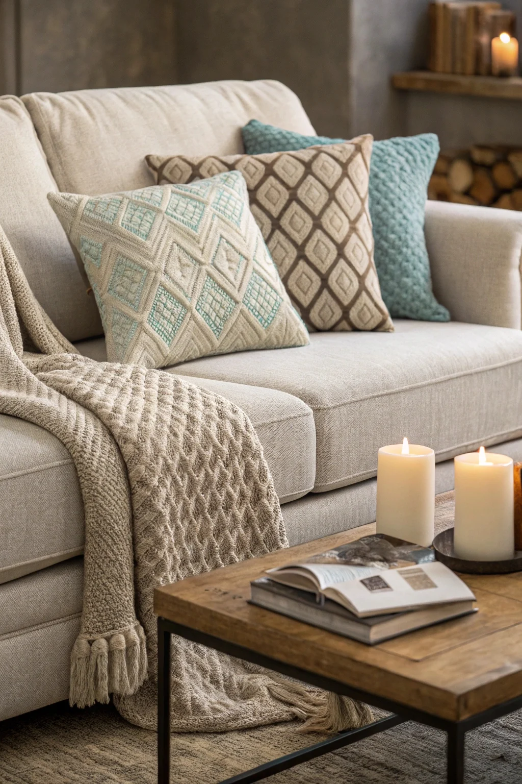 Close-up of affordable sofa, textured throw pillows, knitted blanket, coffee table with books and candles.