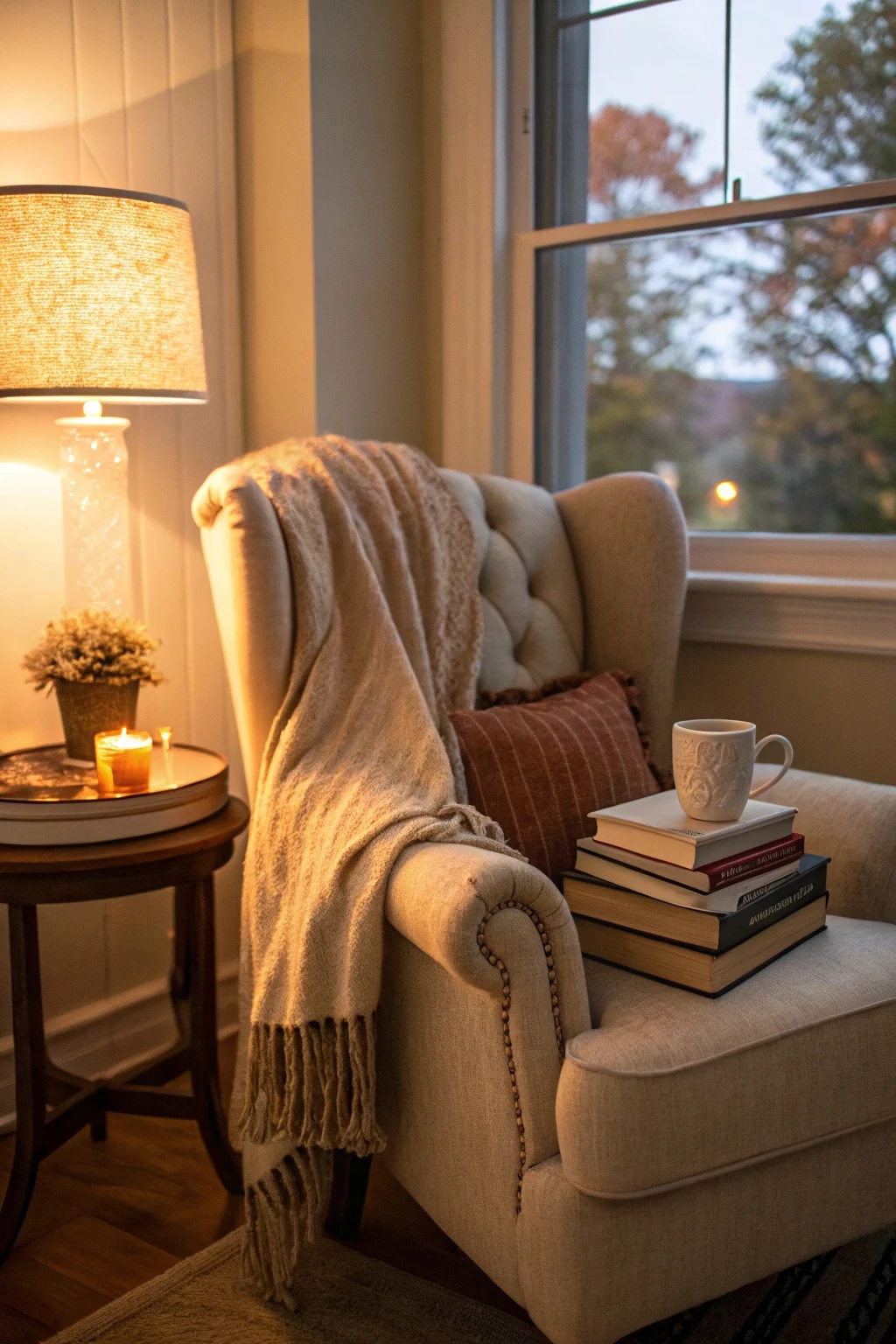 Plush armchair in a cozy reading nook corner with warm lighting, side table, books, and throw blanket.