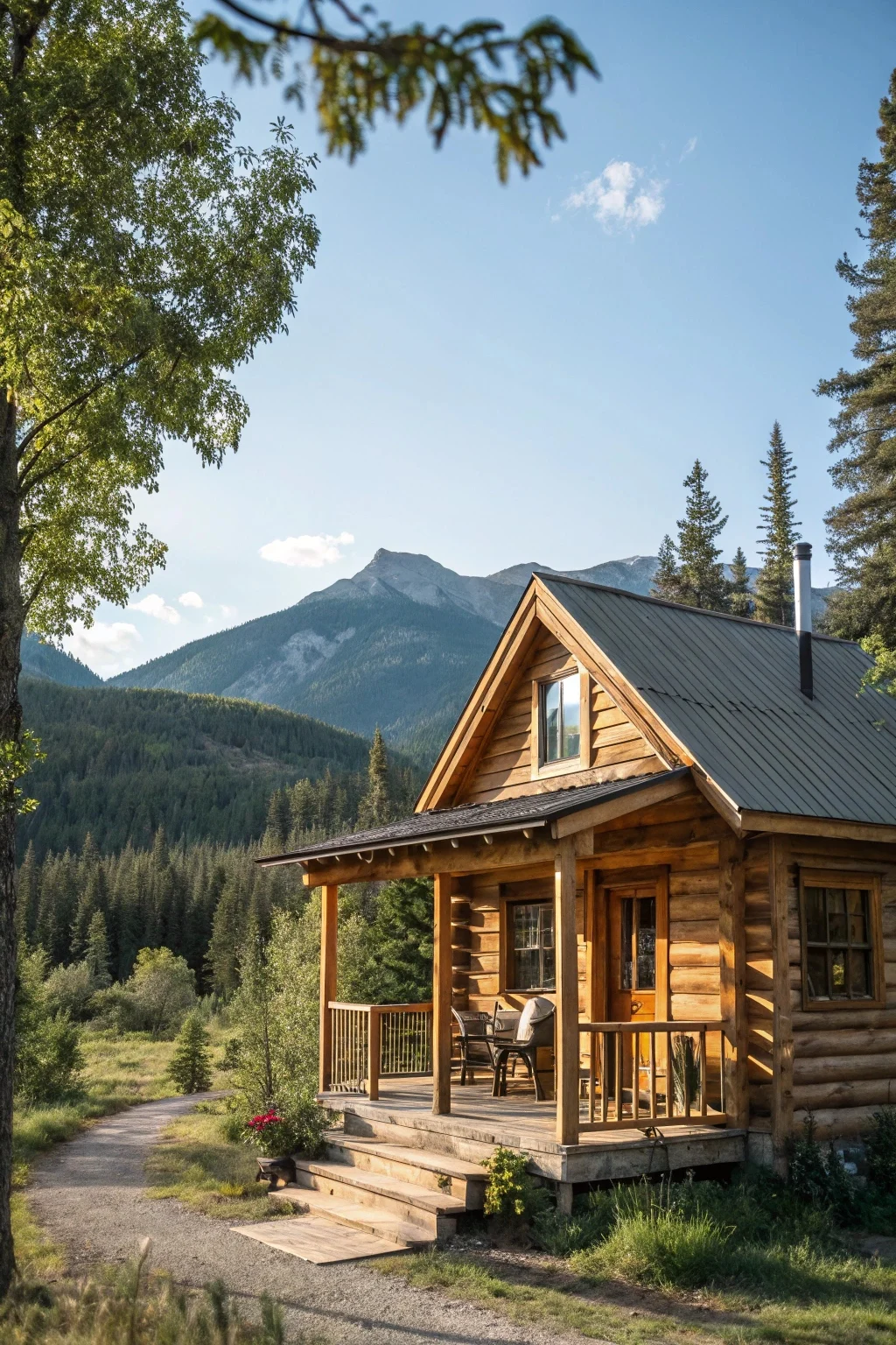 a beautiful, completed small log cabin tiny house nestled in a natural setting (woods or mountains).