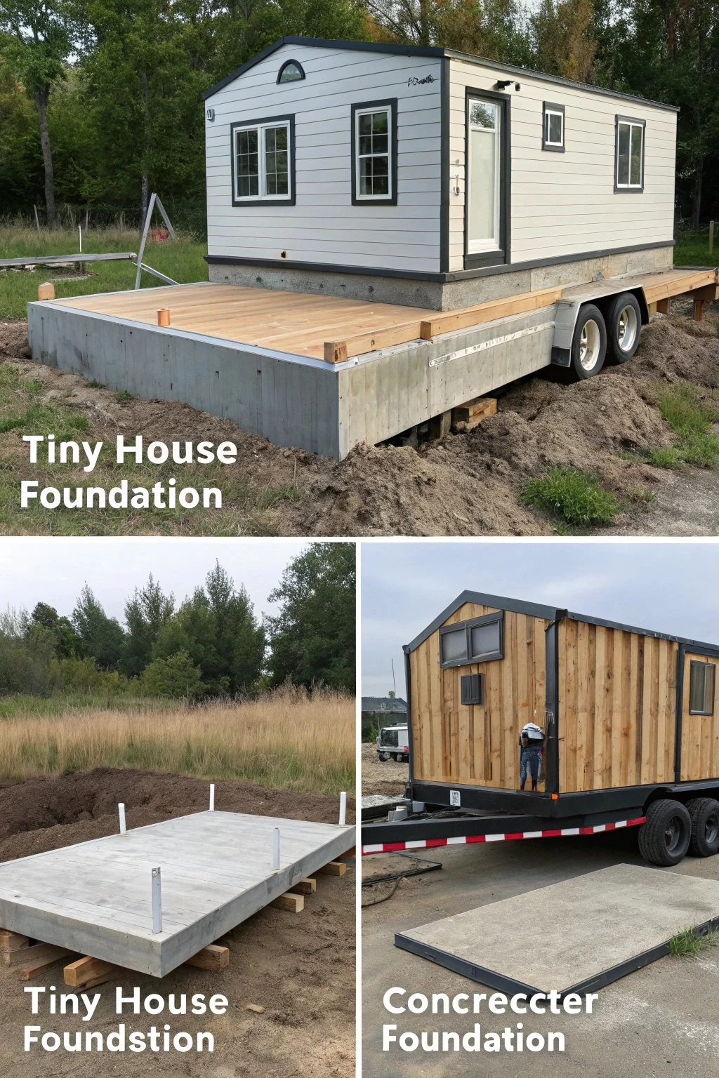collage showing examples of a tiny house trailer foundation, a pier foundation, and a concrete slab.