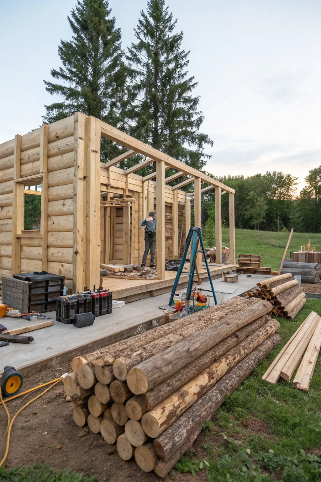 Image showing a tiny house wall being framed OR logs being stacked from a kit assembly.