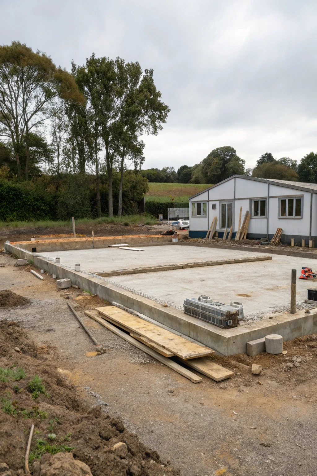 Image showing a cleared building site with a foundation (either trailer, piers, or slab) in place.