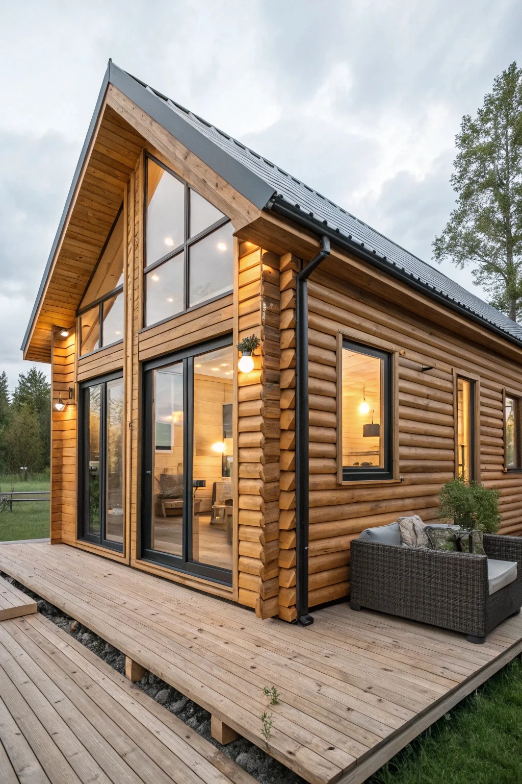 Image showing a modern take on a log cabin tiny house design with large windows.