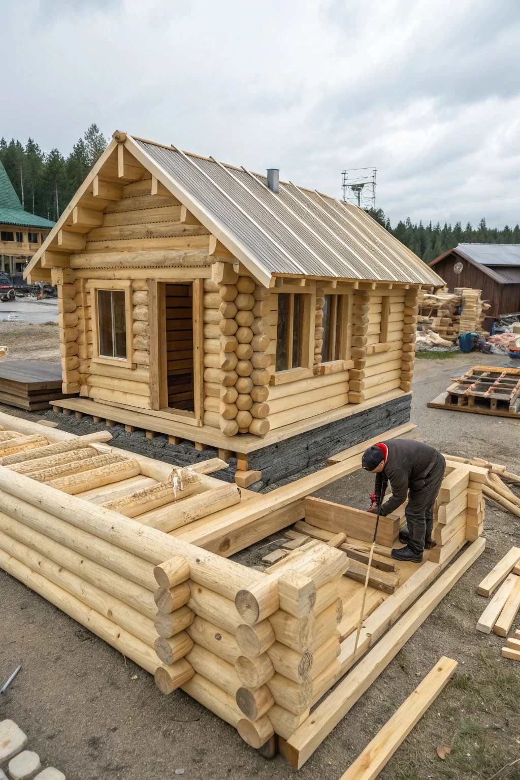 Image showing a log cabin tiny house kit laid out or being assembled, emphasizing the pre-cut pieces.