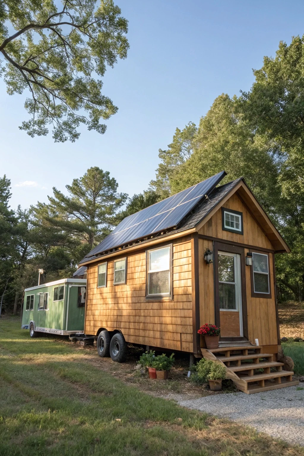Image showing a tiny house with solar panels on the roof or next to it, illustrating an off-grid setup.