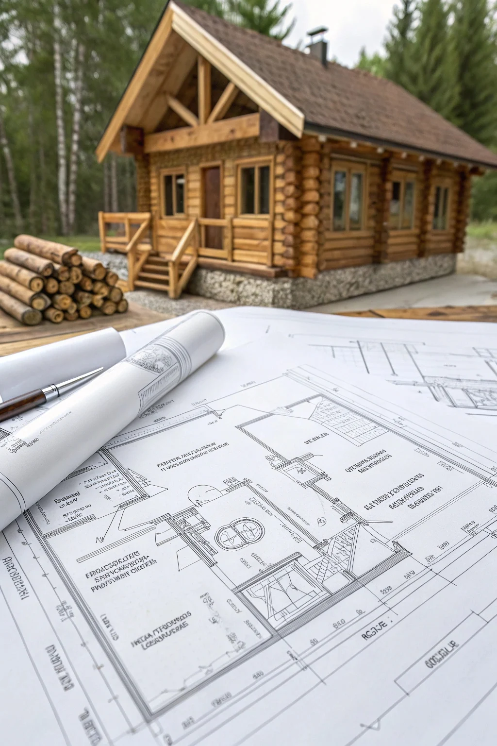 Image showing detailed blueprints or 3D renderings of a log cabin tiny house design.